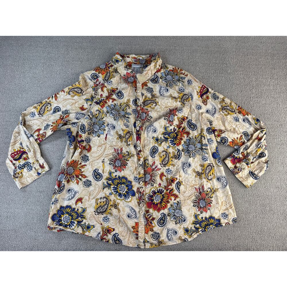 Catherines Button Down Blouse Top Floral Paisley 100% Cotton Long Sleeve Size 2X